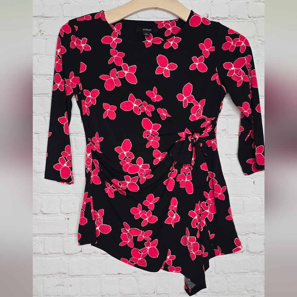 Y2k Alfani Faux Wrap-Style Asymmetrical Stretch Top Black Floral Size PP